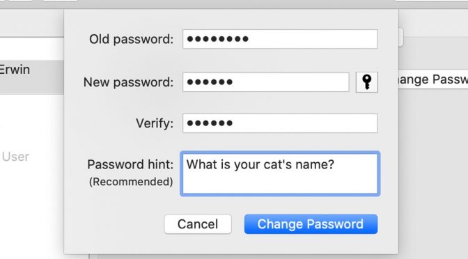 Mac OS change password box. Password hint field reads "What is your cat's name?"
