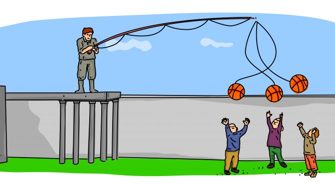 Visual representation of a phishing attack. A man on a platform holds a phishing rod with basketballs as bait over childrens' heads.