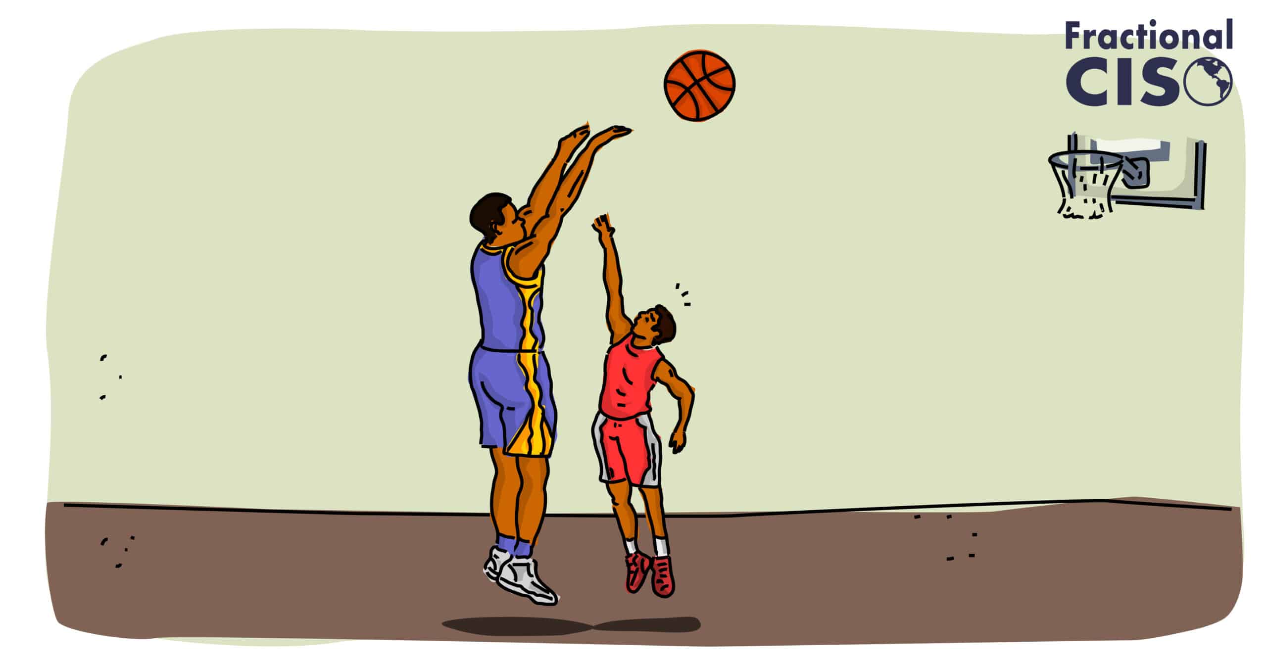 A much taller basketball player easily shooting over a short defender's head.
