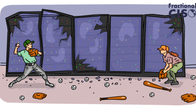 Two kids playing baseball in a damaged server room.